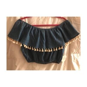 Denim crop top off shoulder